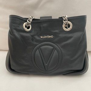 Valentino Black Handbag Genuine Leather with Double Silver Chain Straps